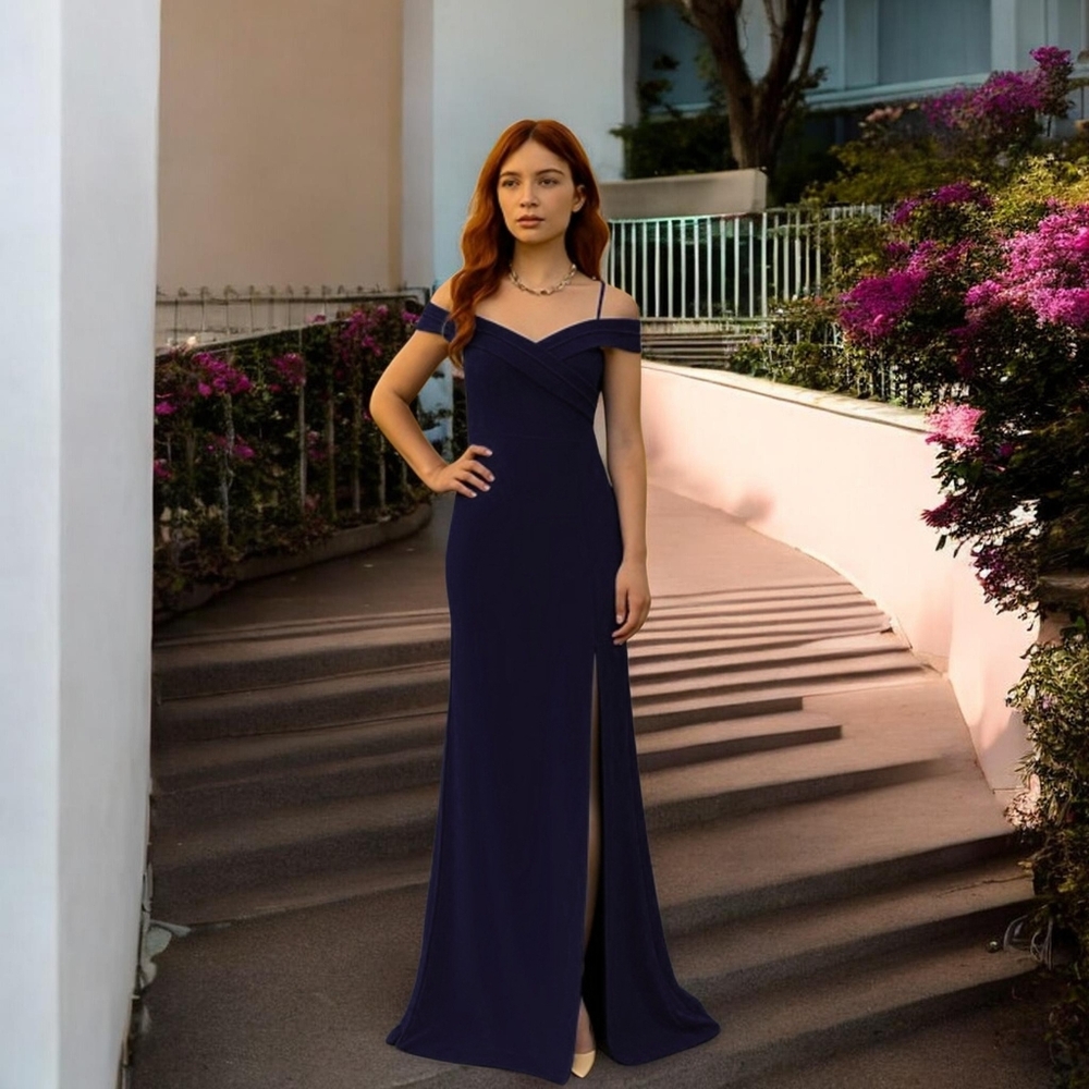 NWT Alexa B Nites Cold Shoulder Navy Evening Gown - Elegant Formal Maxi Dress -4